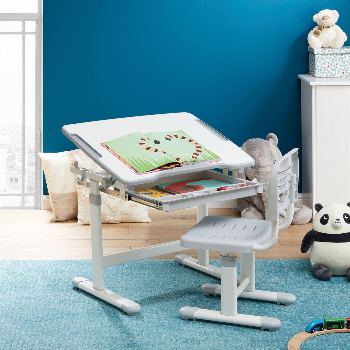 IDIMEX Ensemble bureau et chaise pour enfant TUTTO table et chaise réglable en hauteur, pupitre inclinable, métal blanc et plastique gris