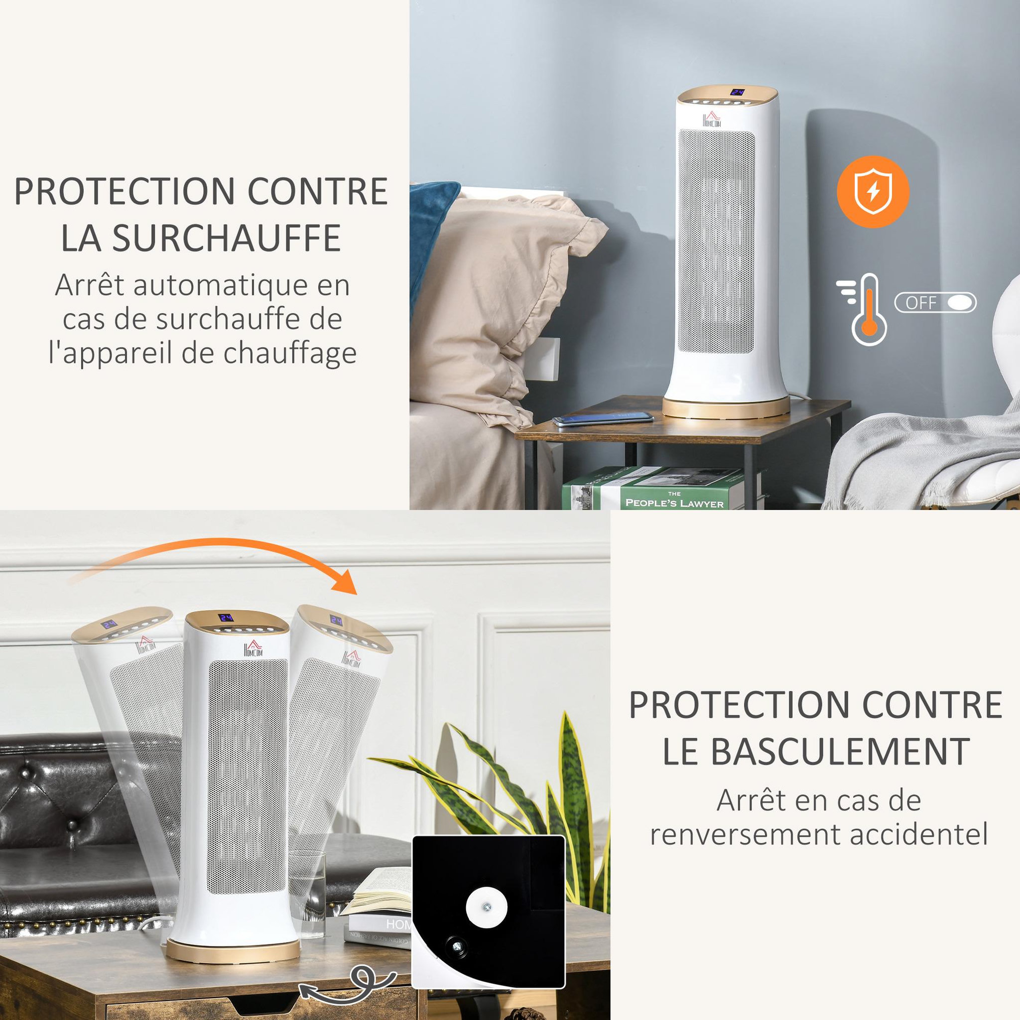 Voir la diapositive 5 : HOMCOM Chauffage soufflant oscillant 2000 W - radiateur céramique PTC - 3 niveaux de puissance - chauffage d'appoint avec télécommande blanc doré