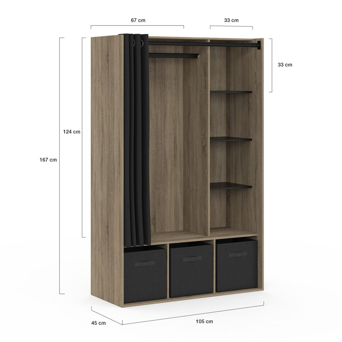 ID MARKET Dressing penderie DIANE 105 x 45 x 167 cm hêtre avec étagères + boites de rangement + rideau noir