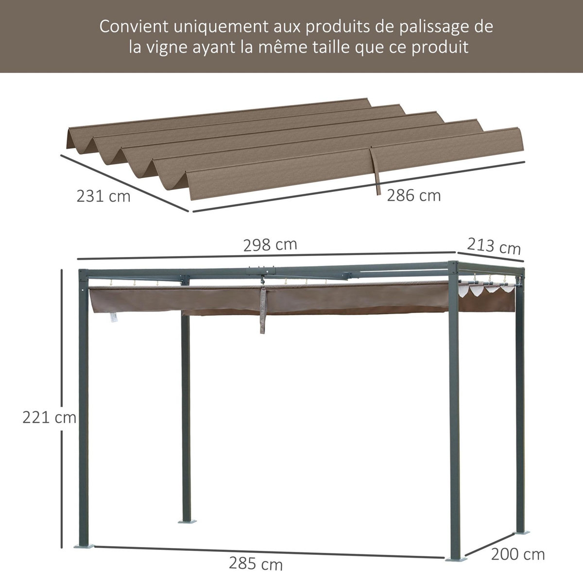 OUTSUNNY Toile de rechange pour pergola rétractable 3 x 2,15 m polyester haute densité 180 g/m² anti-UV30+ taupe