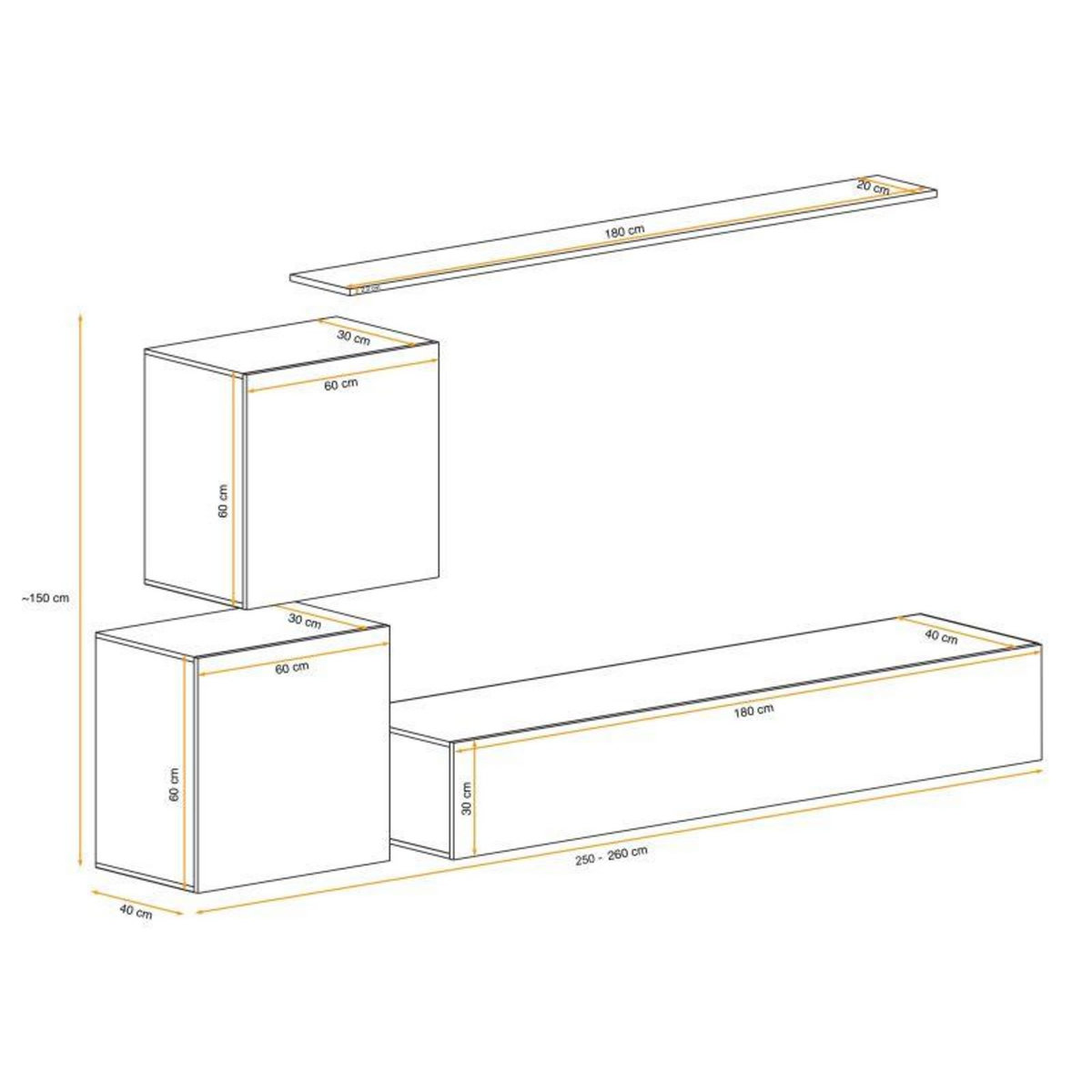 Paris Prix Meuble TV Mural Design  Switch V  250cm Blanc & Noir