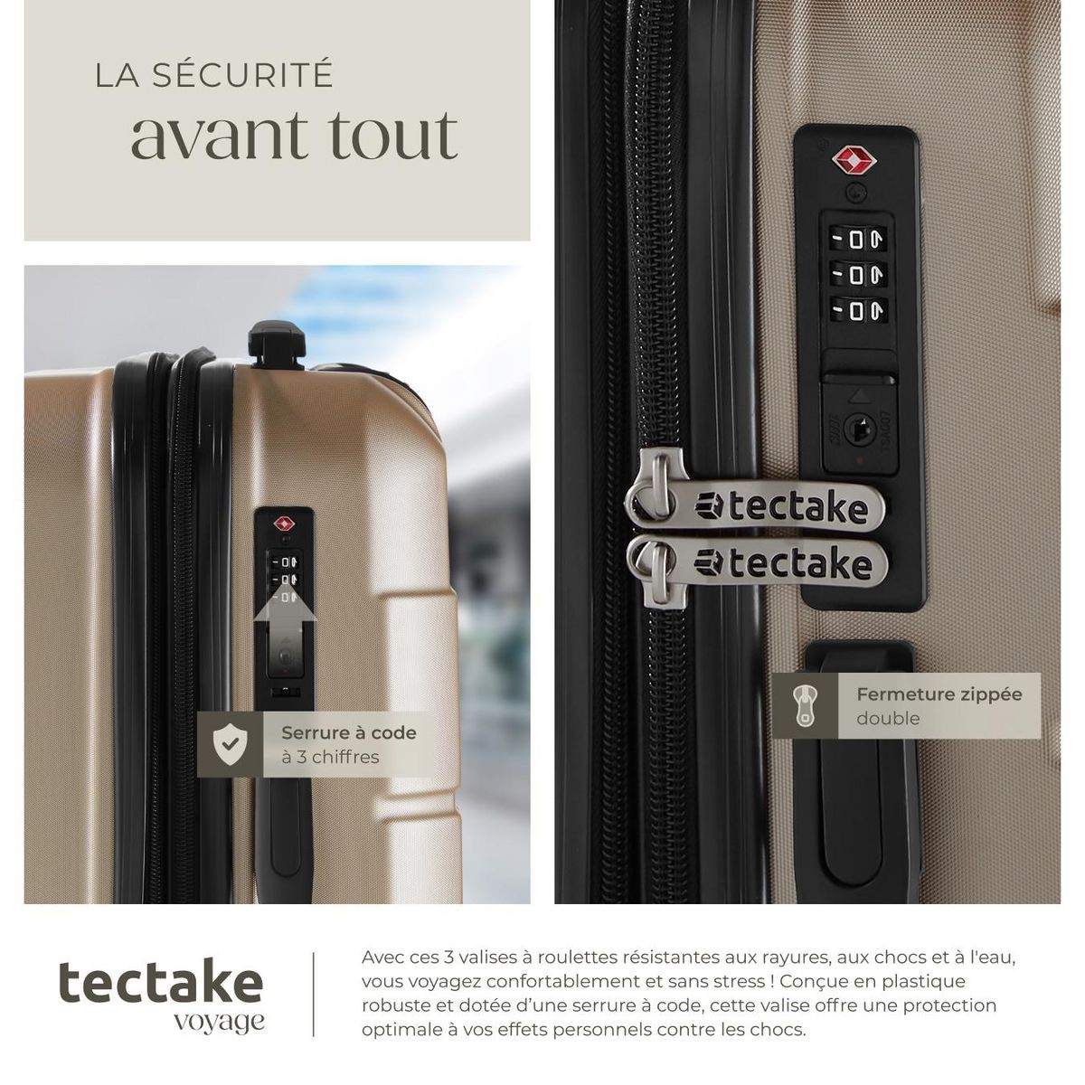 tectake Set de valises de voyage 3 pièces en plastique ABS robuste avec revêtement en polycarbonate champagne