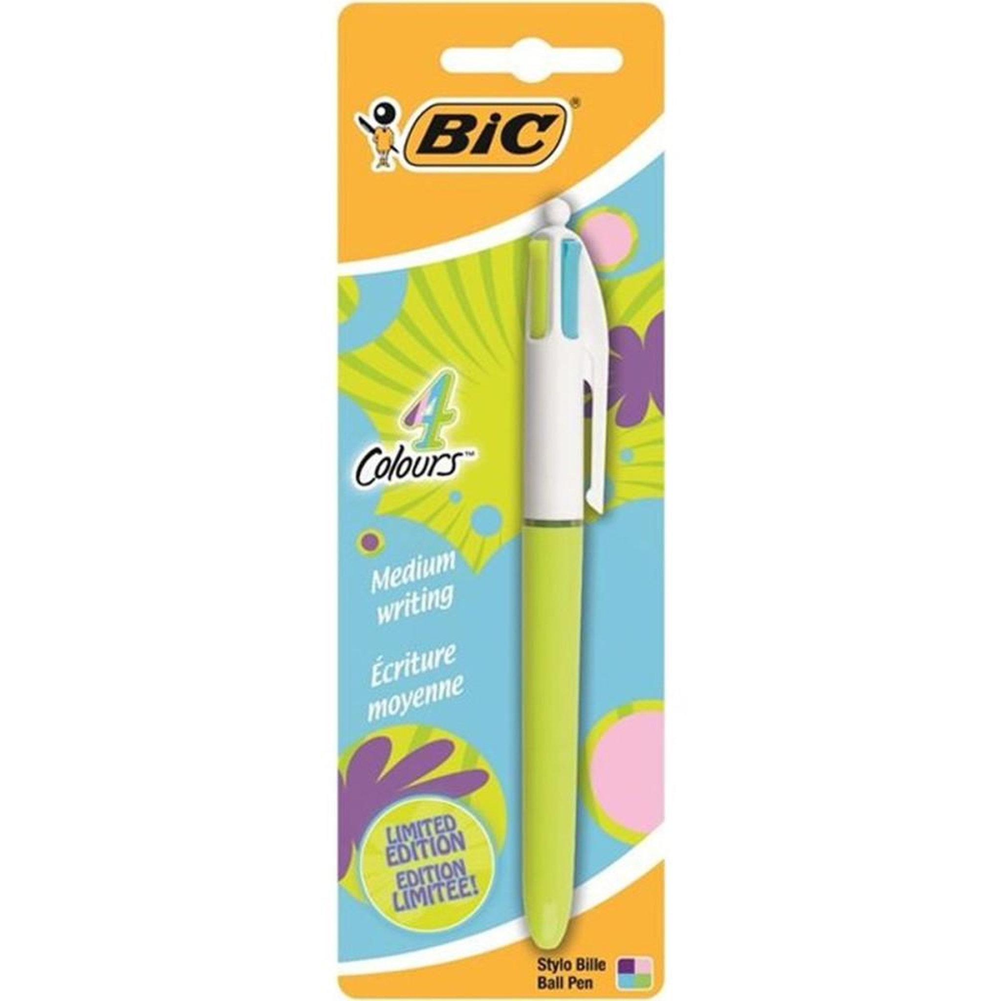 BIC Stylo bille 4 couleurs Fun pointe moyenne rétractable rose violet vert turquoise bicolore blanc/vert