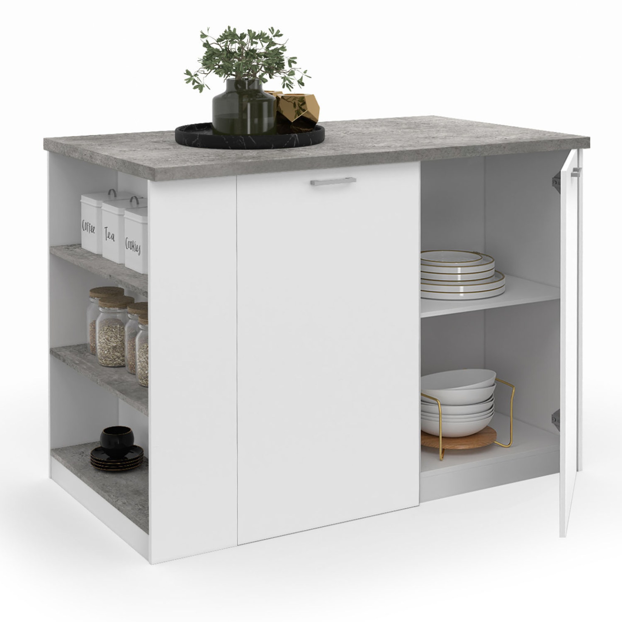 ID MARKET Ilot central tibo 120 cm bois blanc avec plan de travail façon béton