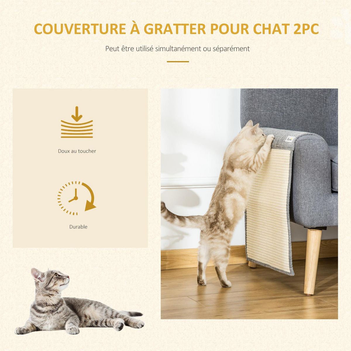 PAWHUT Lot de 2 tapis griffoir chat grattoir chat en sisal grattoir de canapé, sol ou mur dim. 130L x 45l cm gris