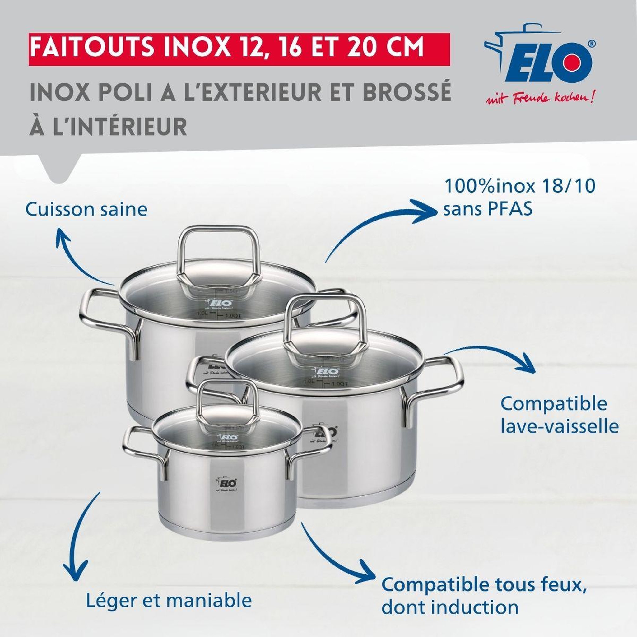 Voir la diapositive 3 : ELO Set de 3 faitouts 12 cm 16 cm et 20 cm avec couvercles en verre elo citrin