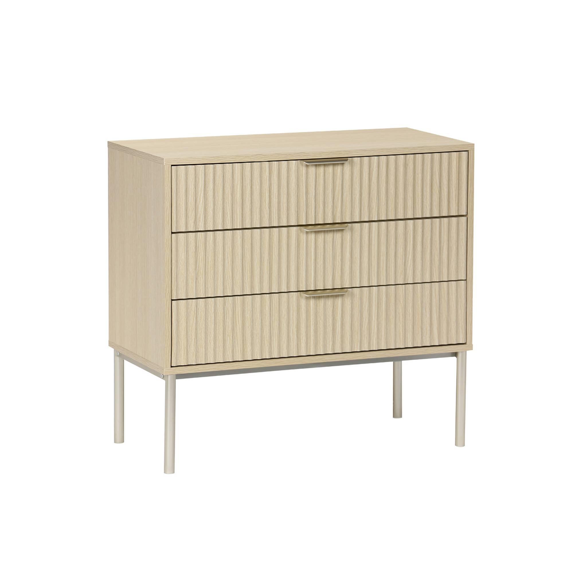 Voir la diapositive 1 : SWEEEK Commode effet bois rainuré et métal couleur champagne. 3 tiroirs