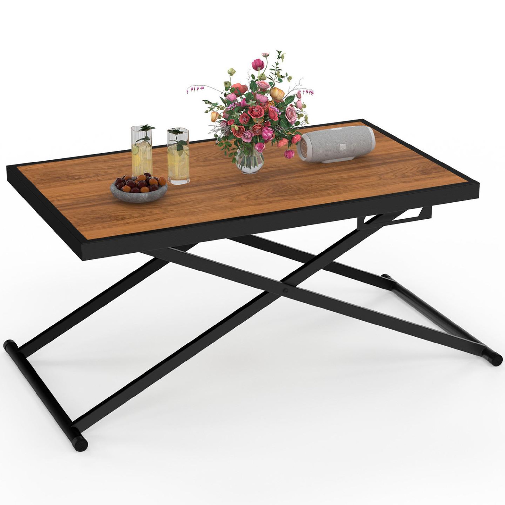 ID MARKET Table de jardin à hauteur réglable 3 positions OLIE 100 cm en métal noir et plateau effet bois
