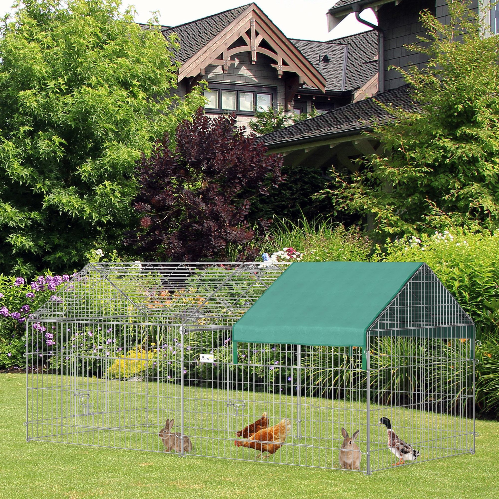 Voir la diapositive 2 : PAWHUT Pawhut parc enclos métal époxy cage extérieure dim. 2,20l x 1,03l x 1,03h m 3 portes et trappe surface abrité pe vert