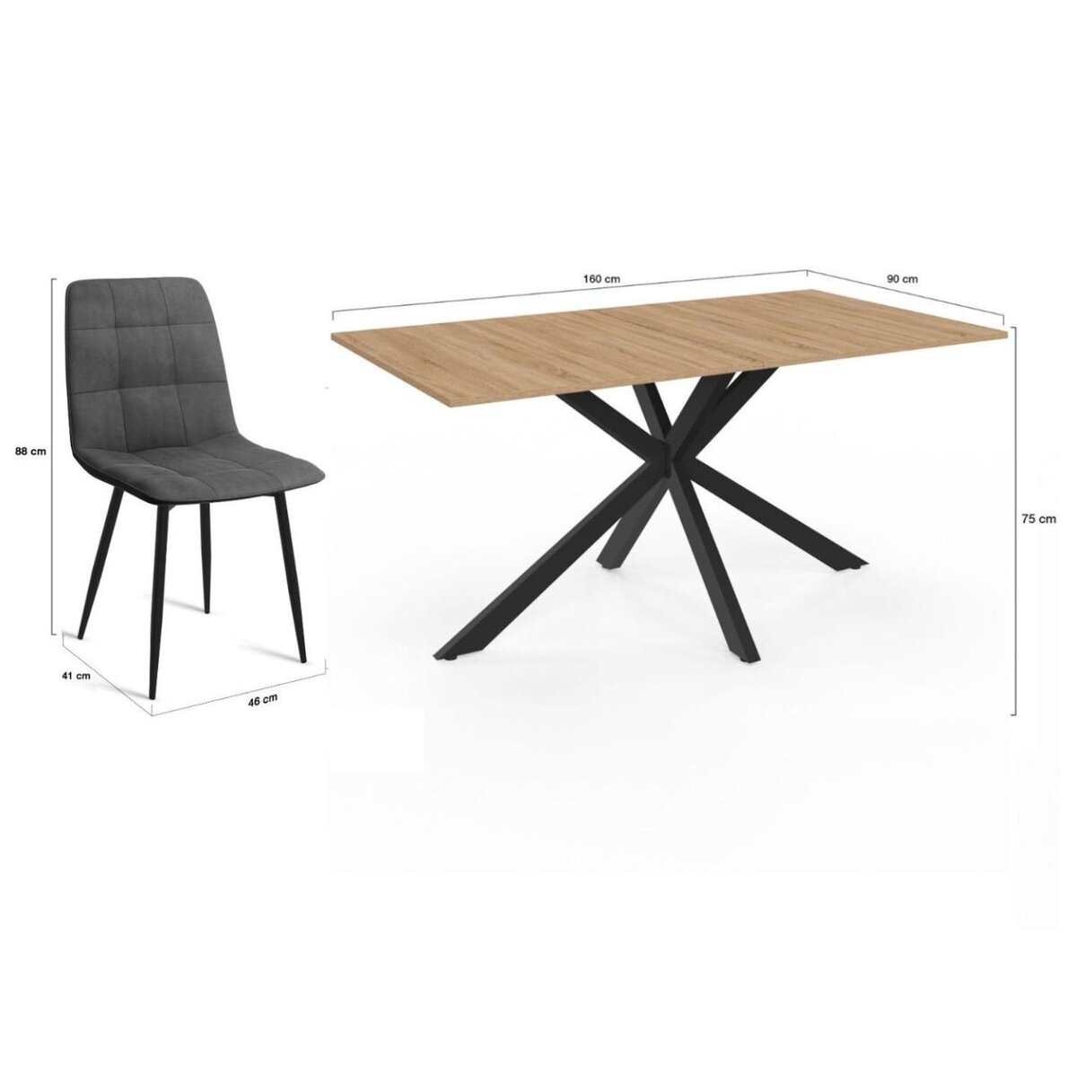 ID MARKET Ensemble table à manger rectangle ALIX 160 cm bois et noir et 6 chaises MILA en velours gris foncé
