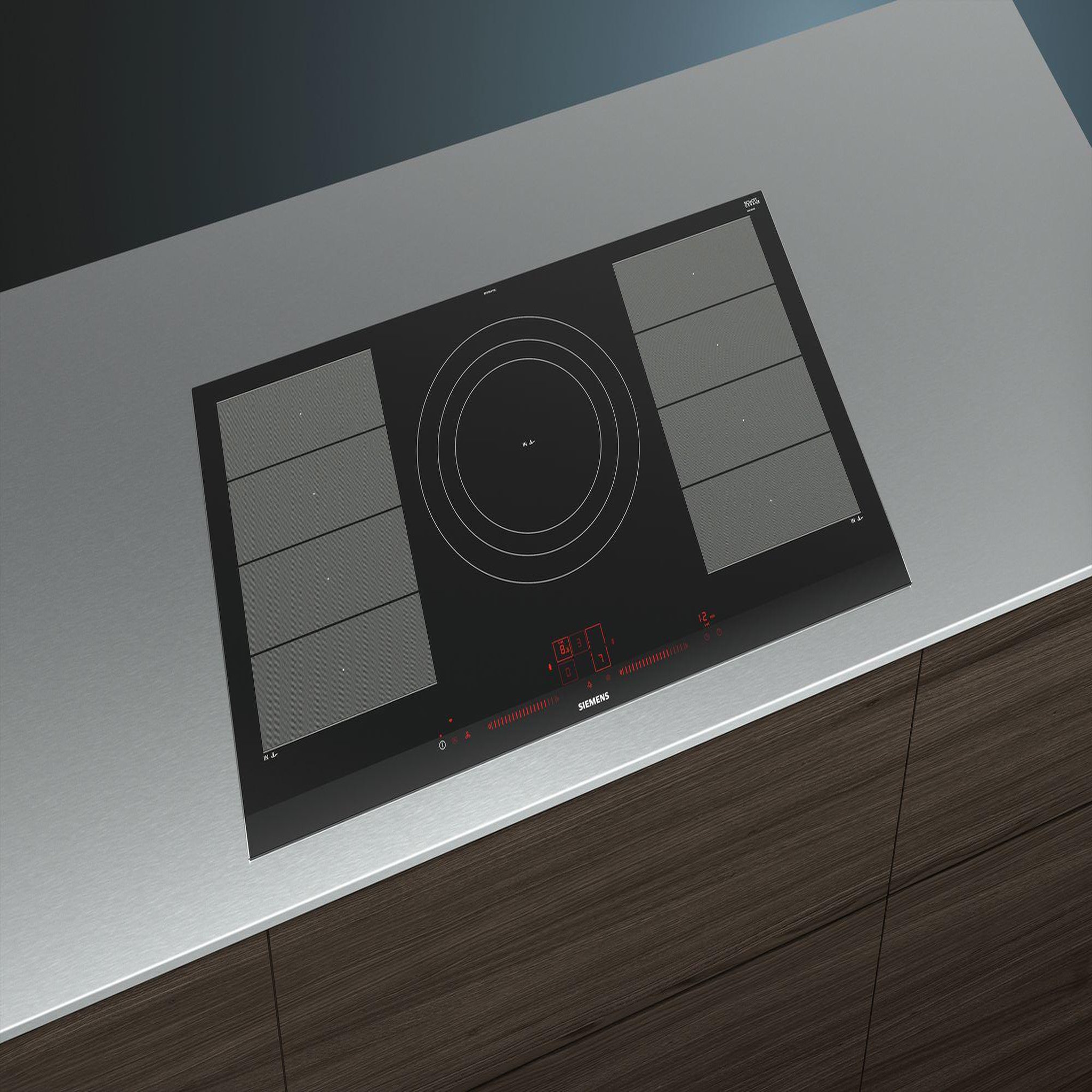 Voir la diapositive 2 : Siemens Table de cuisson à induction 90cm 5 feux 11100w flexinduction noir - ex975lvv1e