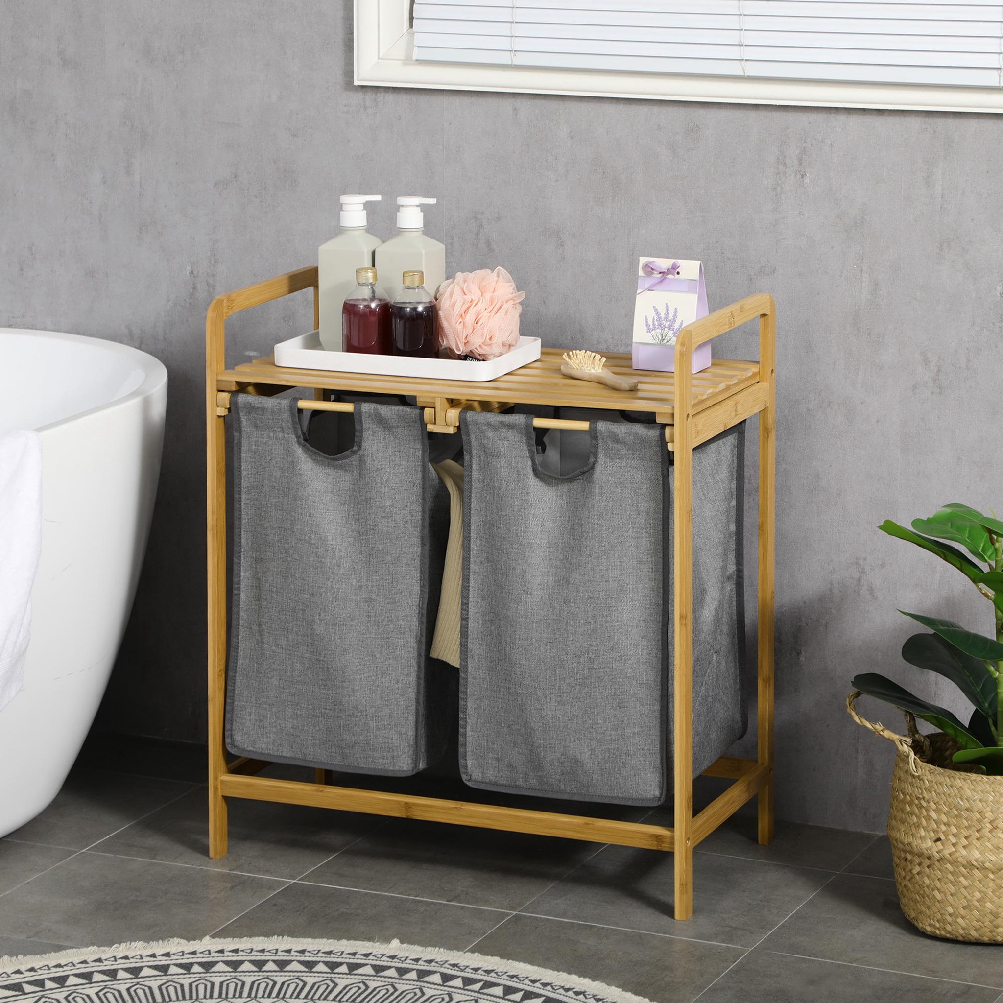 Voir la diapositive 2 : HOMCOM Panier à linge corbeille à linge en bambou 2 paniers amovibles non-tissé gris foncé