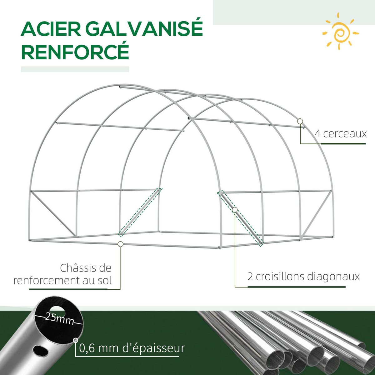 OUTSUNNY Serre tunnel de jardin grande taille dim. 3L x 2,95l x 1,97H m - 6 fenêtres, porte zippée enroulable - acier galvanisé PE haute densité vert