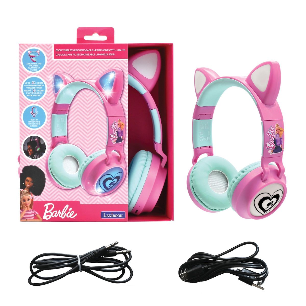 Lexibook Casque Barbie sans fil rechargeable lumineux avec oreilles de chat