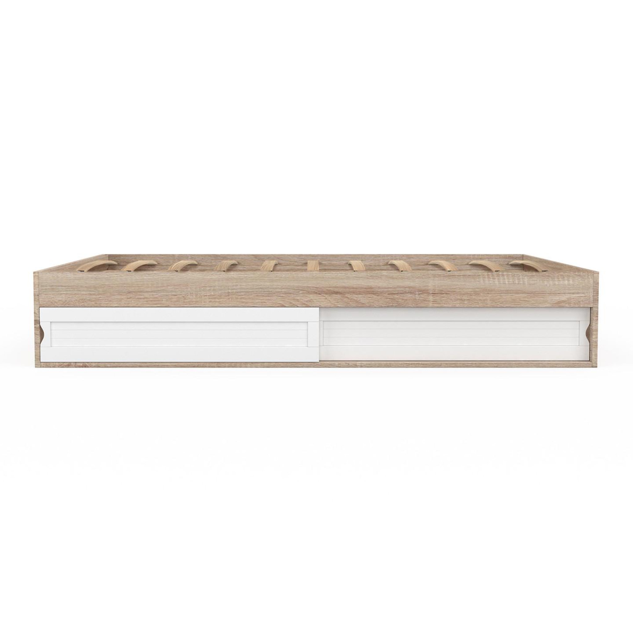 Voir la diapositive 3 : ID MARKET Cadre de lit double salem avec rangements et sommier 160 x 200 cm façon hêtre et blanc