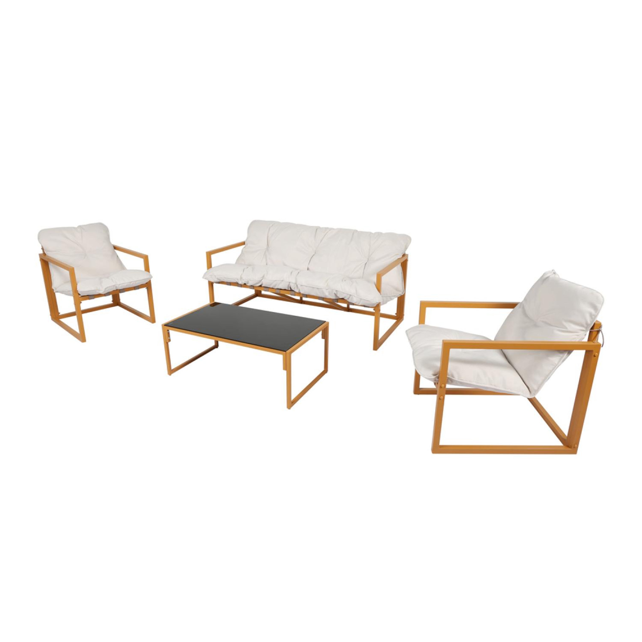 CONCEPT USINE Salon de jardin 5 places contemporain marron et coussins beiges rabat