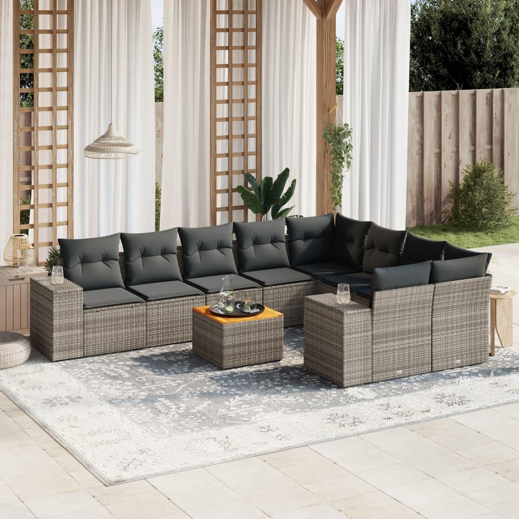 VIDAXL Salon de jardin avec coussins 10 pcs gris resine tressee