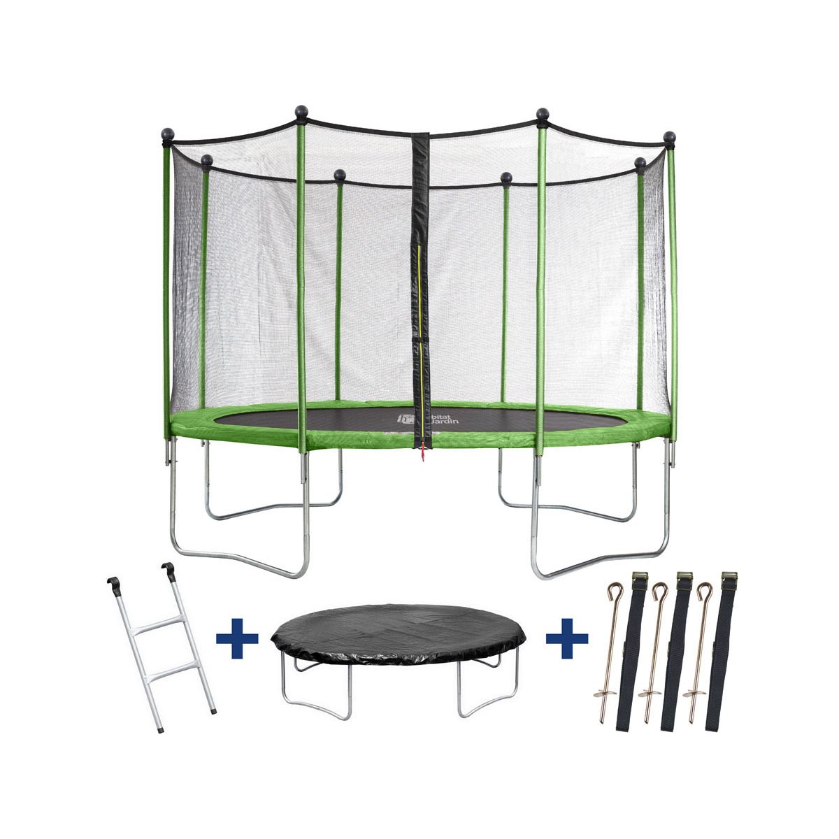 Habitat et Jardin Trampoline Yoopi 2 LUXE - Ø 3.65 m - Avec filet + échelle + couverture + kit d'ancrage