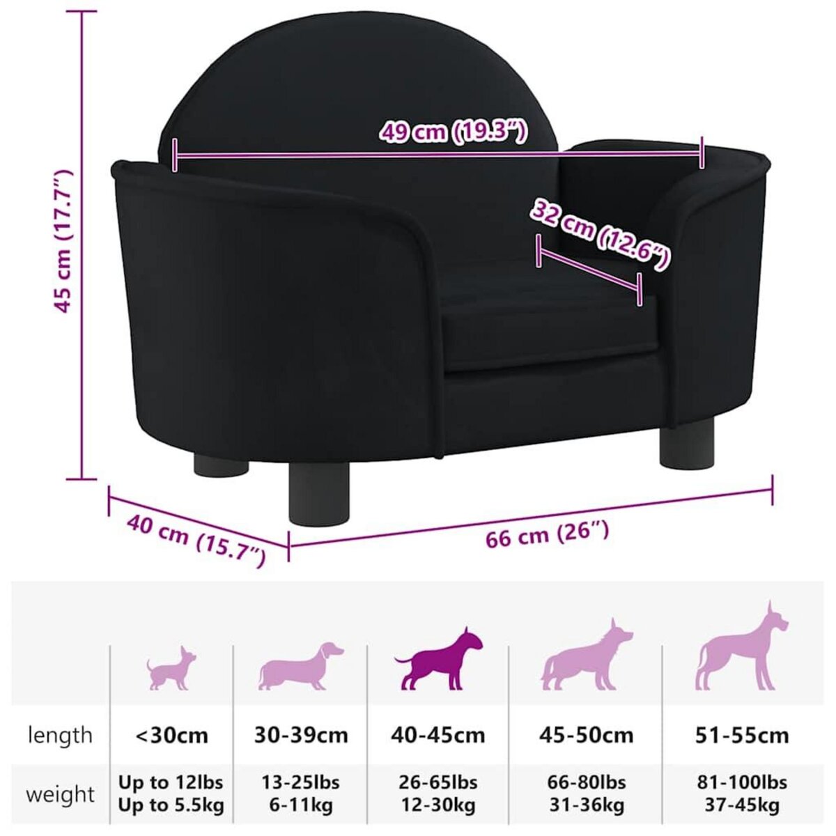 VIDAXL Lit pour chien noir 66x40x45 cm velours