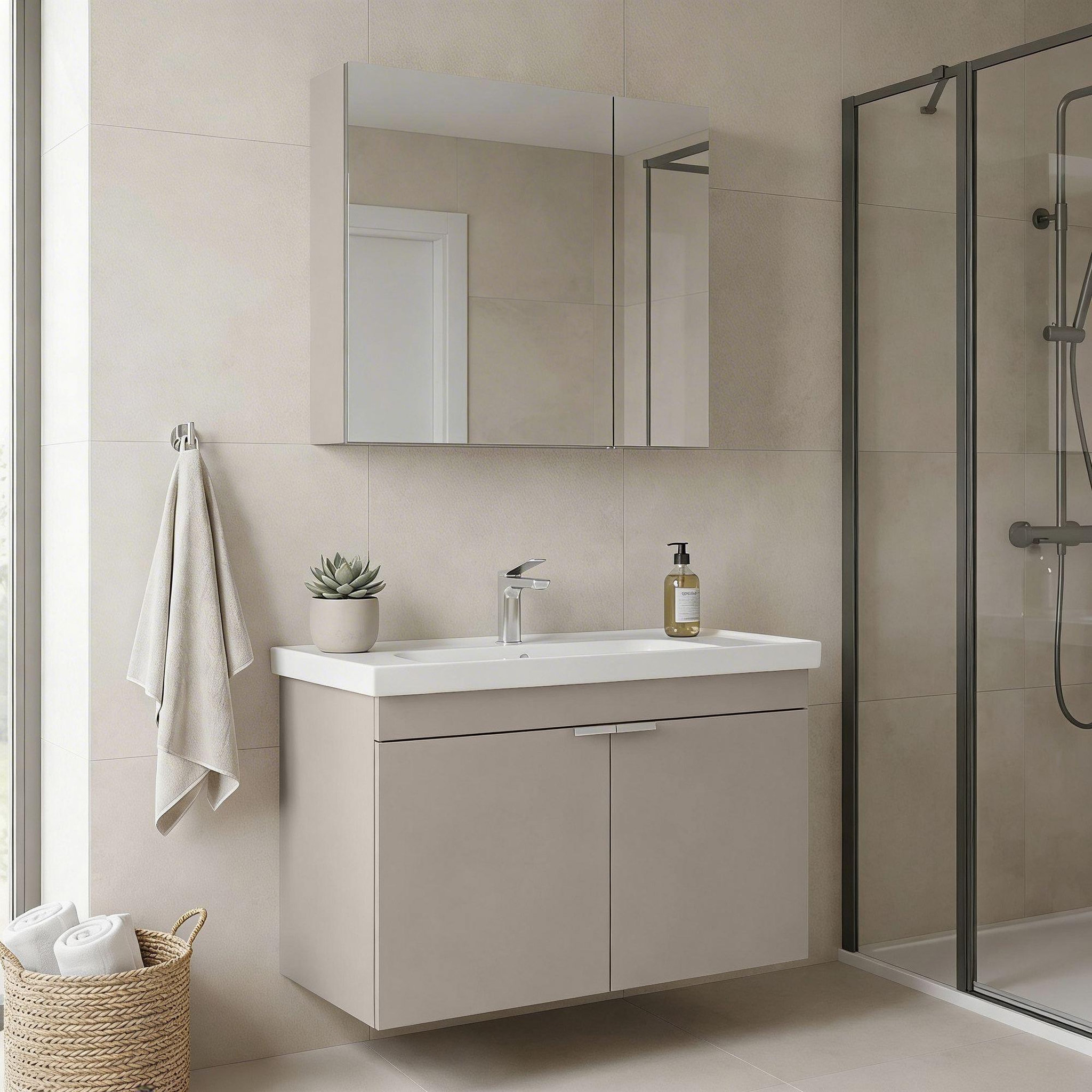 Voir la diapositive 2 : Habitat et Jardin Meuble avec simple vasque et miroir  Desna 90  - 90 x 45 x 58 cm - Sand
