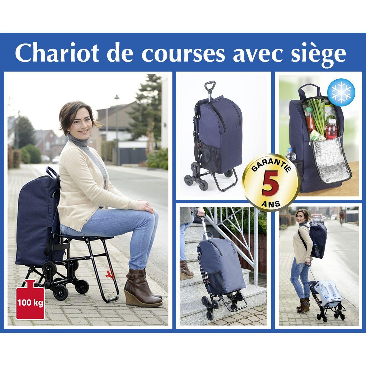 Wenko Chariot de courses avec siège - Sac isotherme 35 L - Bleu foncé