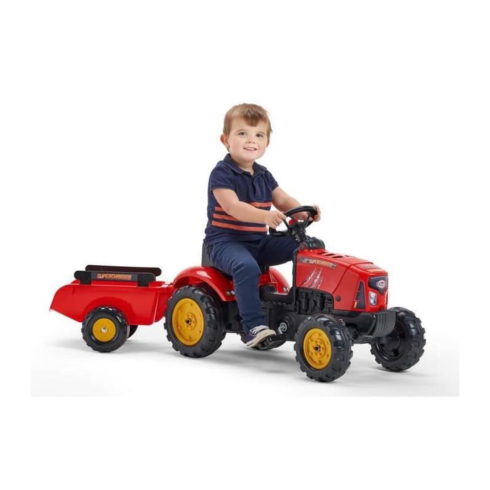 Voir la diapositive 2 : FALK FALK - Tracteur a pedales Supercharger rouge avec capot ouvrant et remorque