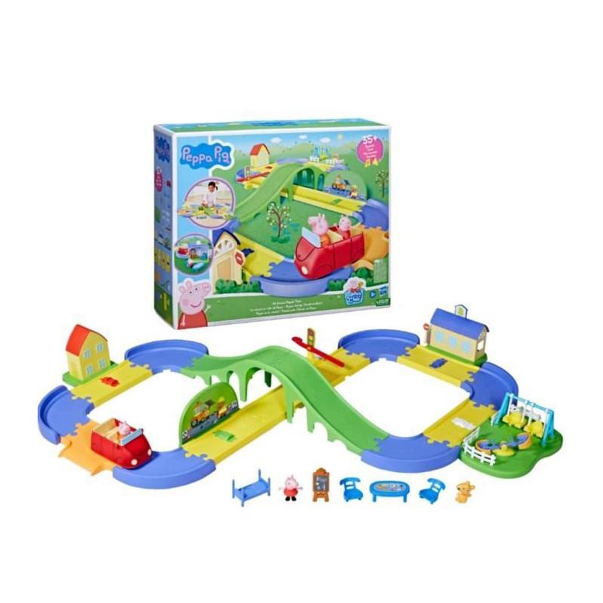 Voir la diapositive 4 : Peppa Pig Peppa Pig Le circuit en ville de Peppa avec route modulable, inclut véhicule et 1 figurine, +35 sons, a partir de 3 ans