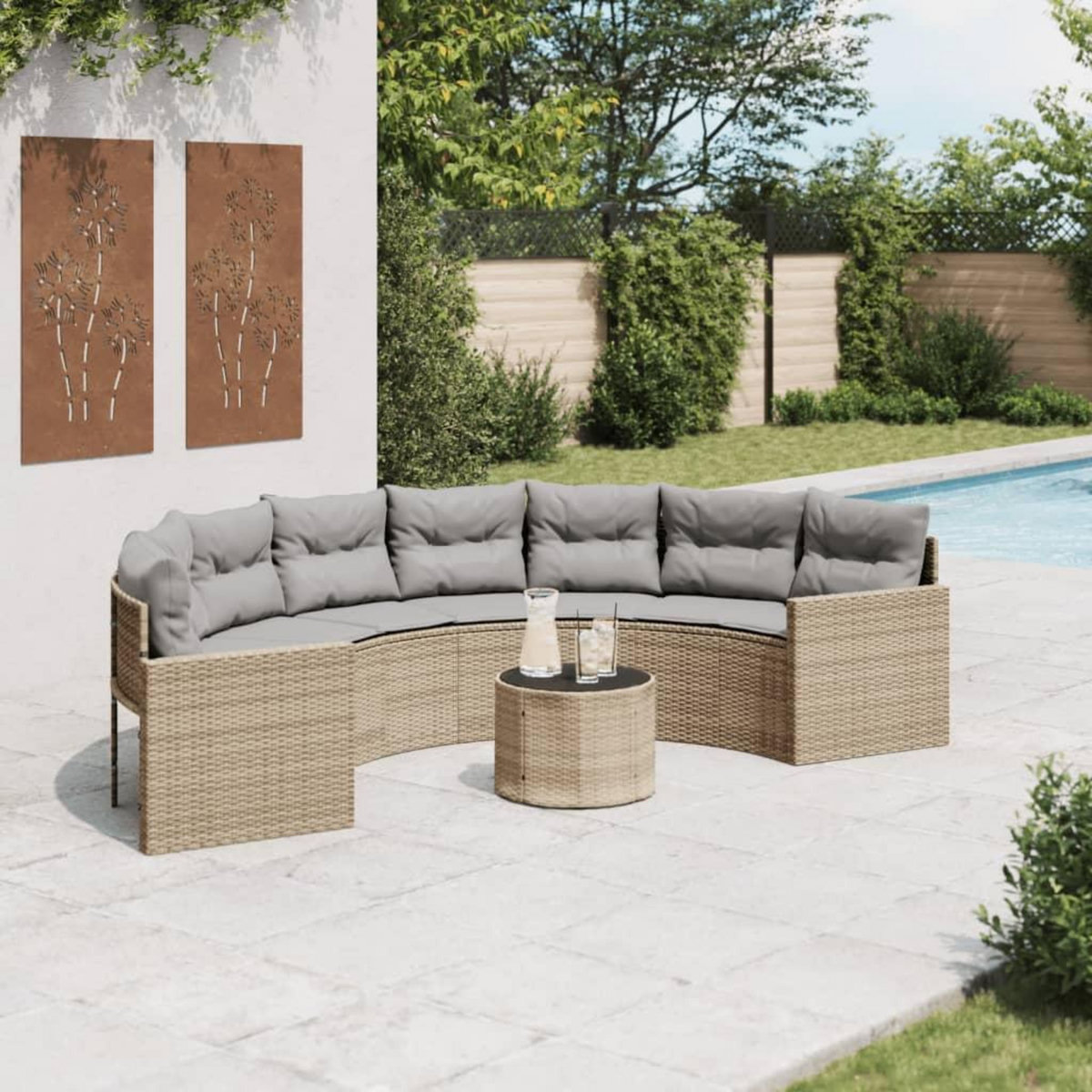 VIDAXL Canape de jardin table coussins demi-rond beige resine tressee