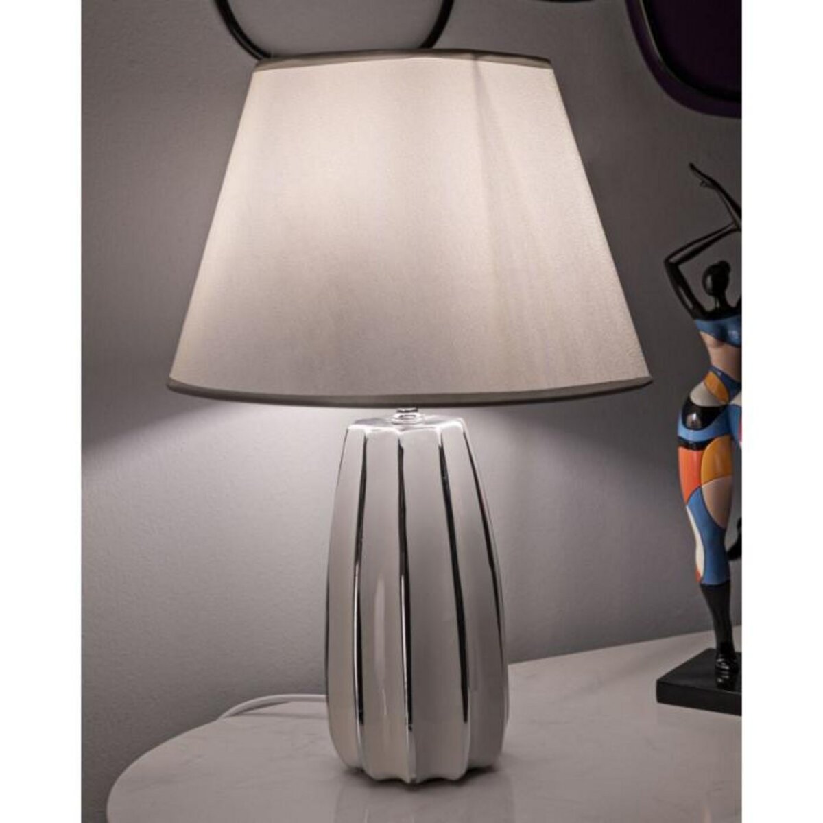 Paris Prix Lampe à Poser en Céramique  Emmi  45cm Argent & Blanc