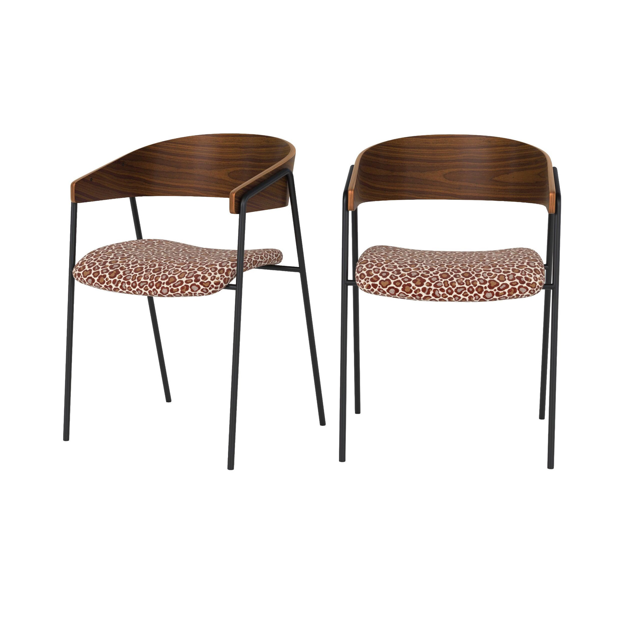 MAISON PAVANE Lot de 2 chaises en tissu léopard bordeaux et bois de noyer-Esmée