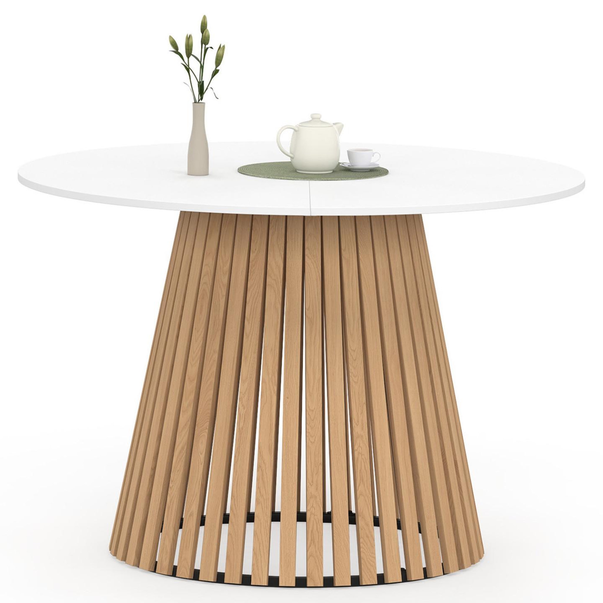 ID MARKET Table à manger ronde carmen 6 personnes pied bois en lattes et plateau bois blanc 110 cm