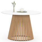 ID MARKET Table à manger ronde CARMEN 6 personnes pied bois en lattes et plateau bois blanc 110 cm