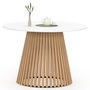 Voir la diapositive 1 : ID MARKET Table à manger ronde CARMEN 6 personnes pied bois en lattes et plateau bois blanc 110 cm
