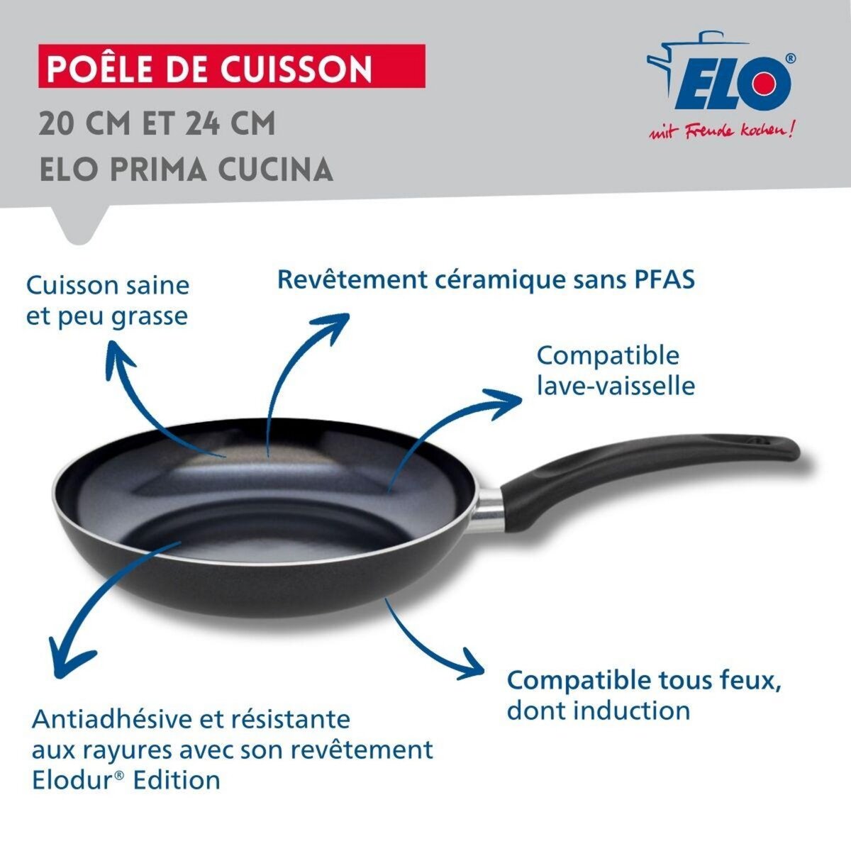 ELO Set de 2 Poêles 20 et 24 cm céramique sans PFAS et 2 couvercles Elo Prima Cucina