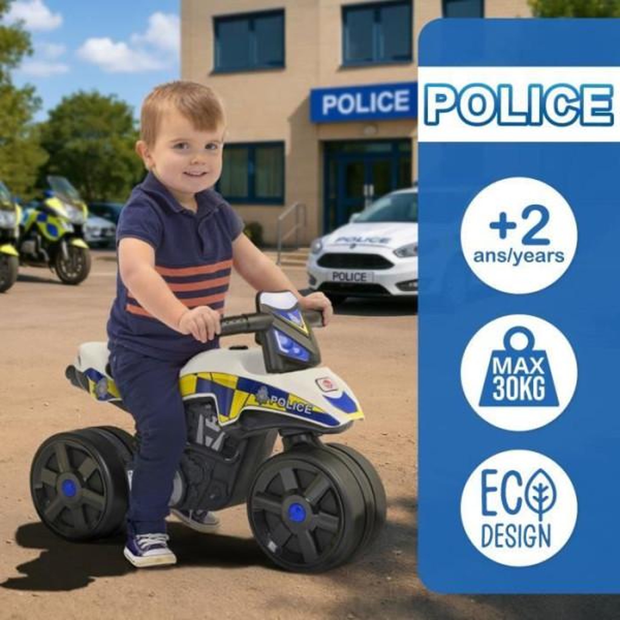 Voir la diapositive 3 : FALK Draisienne Velo  Moto Police - FALK - Larges roues et Guidon directionnel - Fabriqué en France - 40% de plastique recyclé - Des 2 an