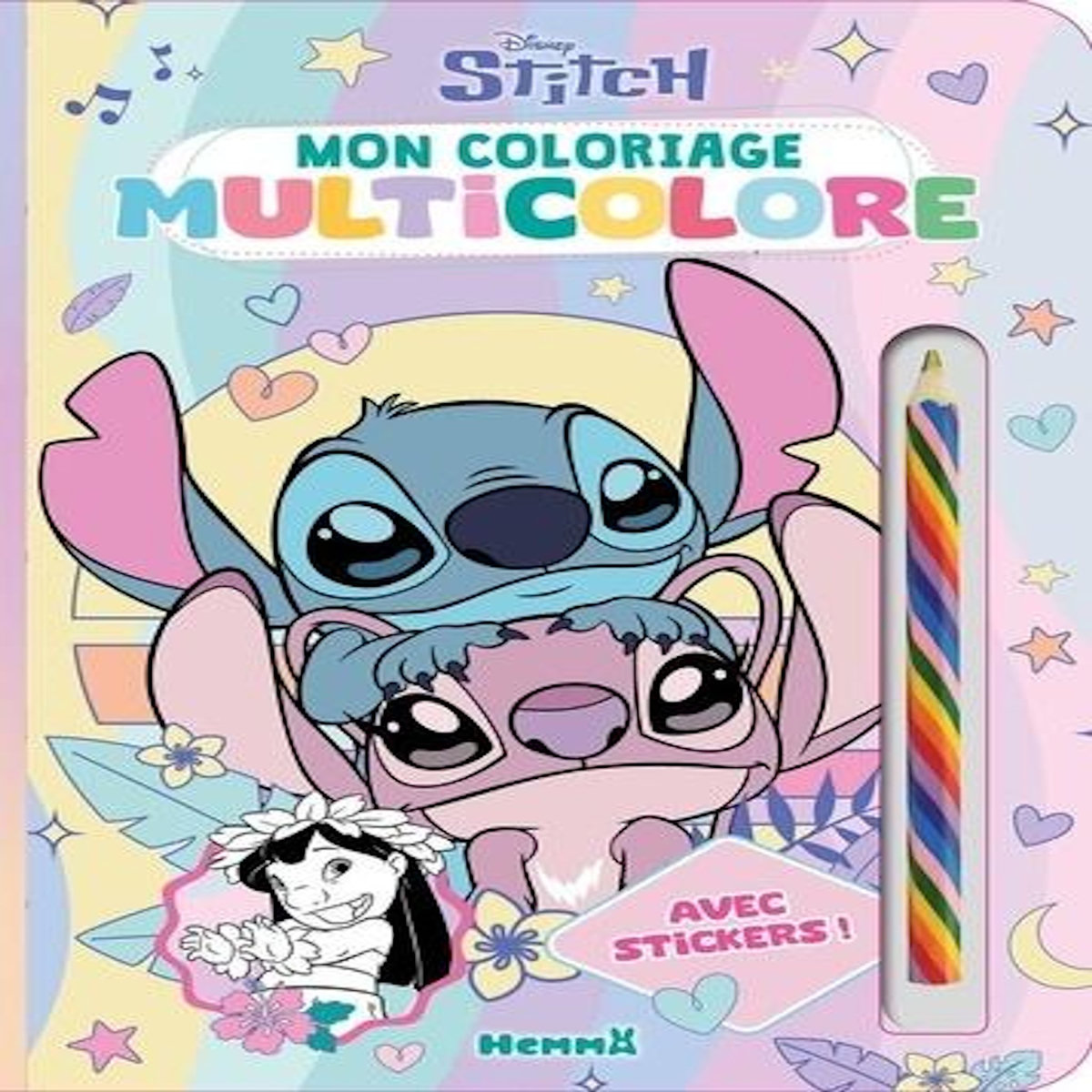 MON COLORIAGE MULTICOLORE (STITCH ET ANGEL). AVEC DES STICKERS ET UN CRAYON MULTICOLORE, Disney