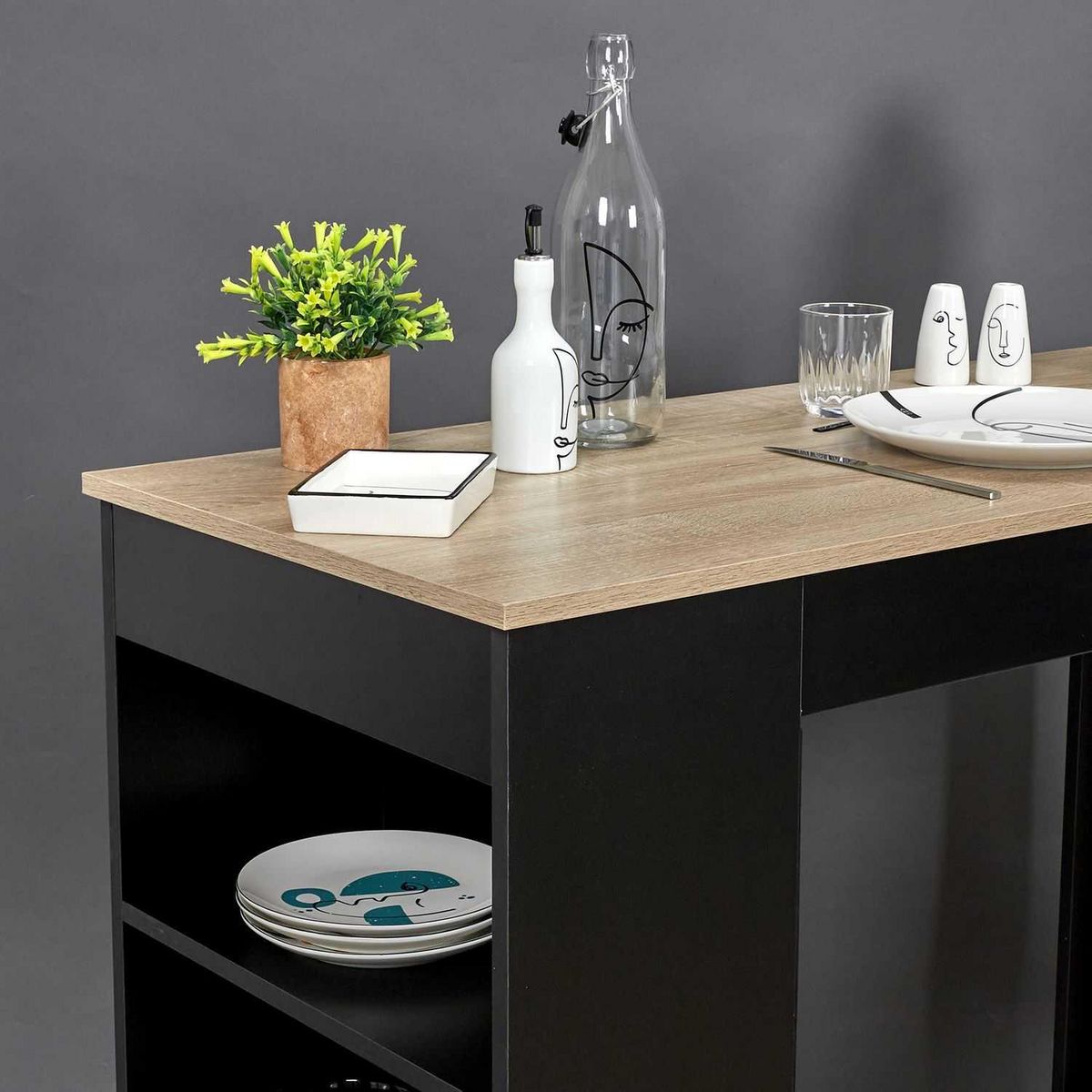 TOILINUX Table de bar mange debout Cheers avec 4 niches de rangement en MDF - Noir et Marron