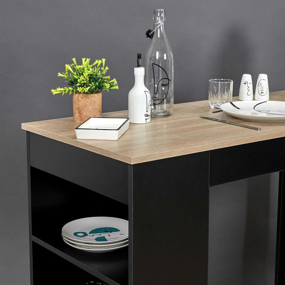 TOILINUX Table de bar mange debout Cheers avec 4 niches de rangement en MDF - Noir et Marron