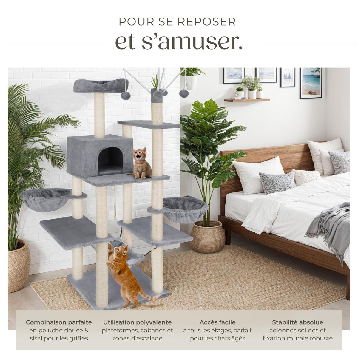 tectake Arbre à chat 165 cm avec griffoir et plateforme d'escalade gris