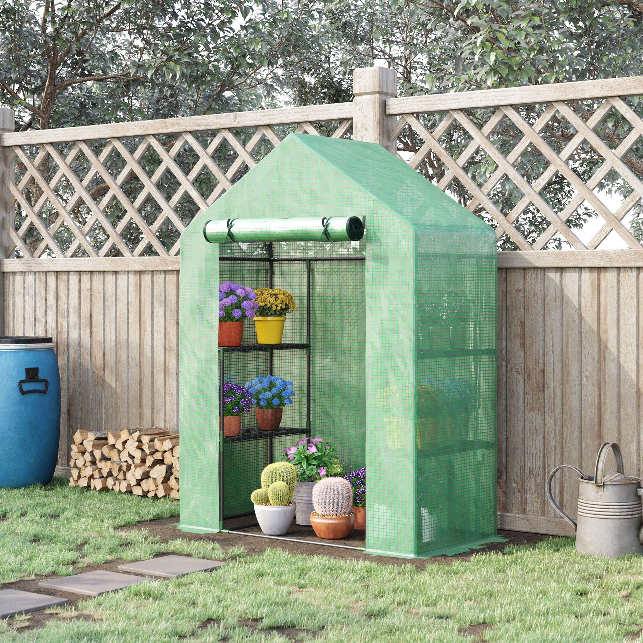 Voir la diapositive 2 : OUTSUNNY Serre de jardin balcon porte déroulante 4 étagères incluses