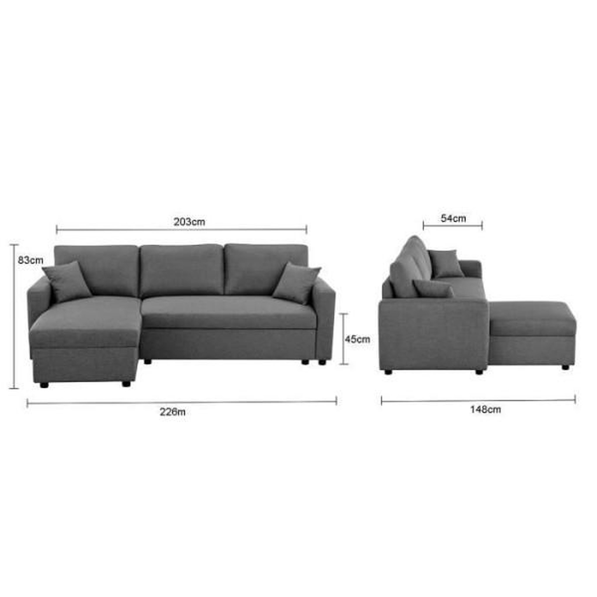 Voir la diapositive 4 : MARKET24 Canapé d'angle fixe + 2 coussins - Tissu Gris - L 228 x P 148 x H 86 cm - OWENS