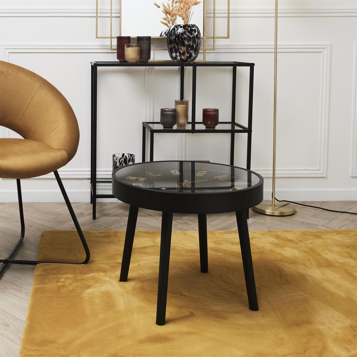 The Home Deco Factory Table d'appoint avec horloge - Diam. 50 cm x H. 43,5 cm - Noir