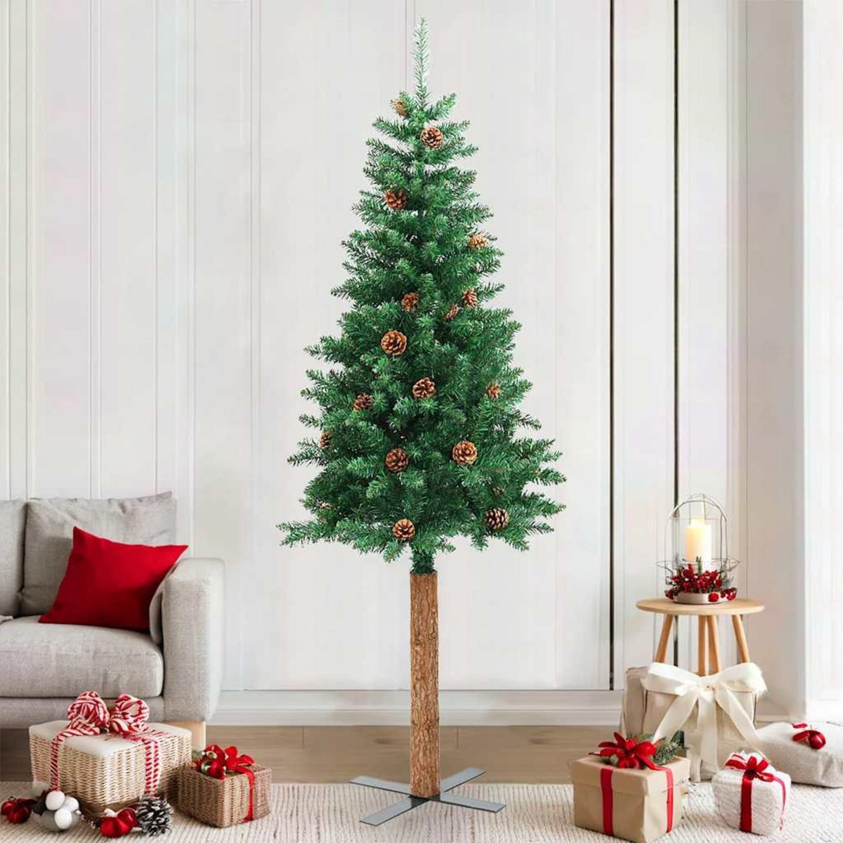 VIDAXL Sapin de Noël mince avec bois veritable et cones vert 210cm PVC
