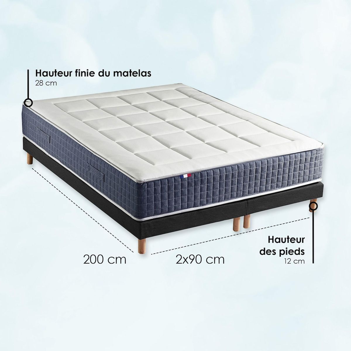 IDLITERIE Ensemble Matelas Ressort 7 zones + Mémoire de forme + Sommier KING STYLE Fabriqué en France