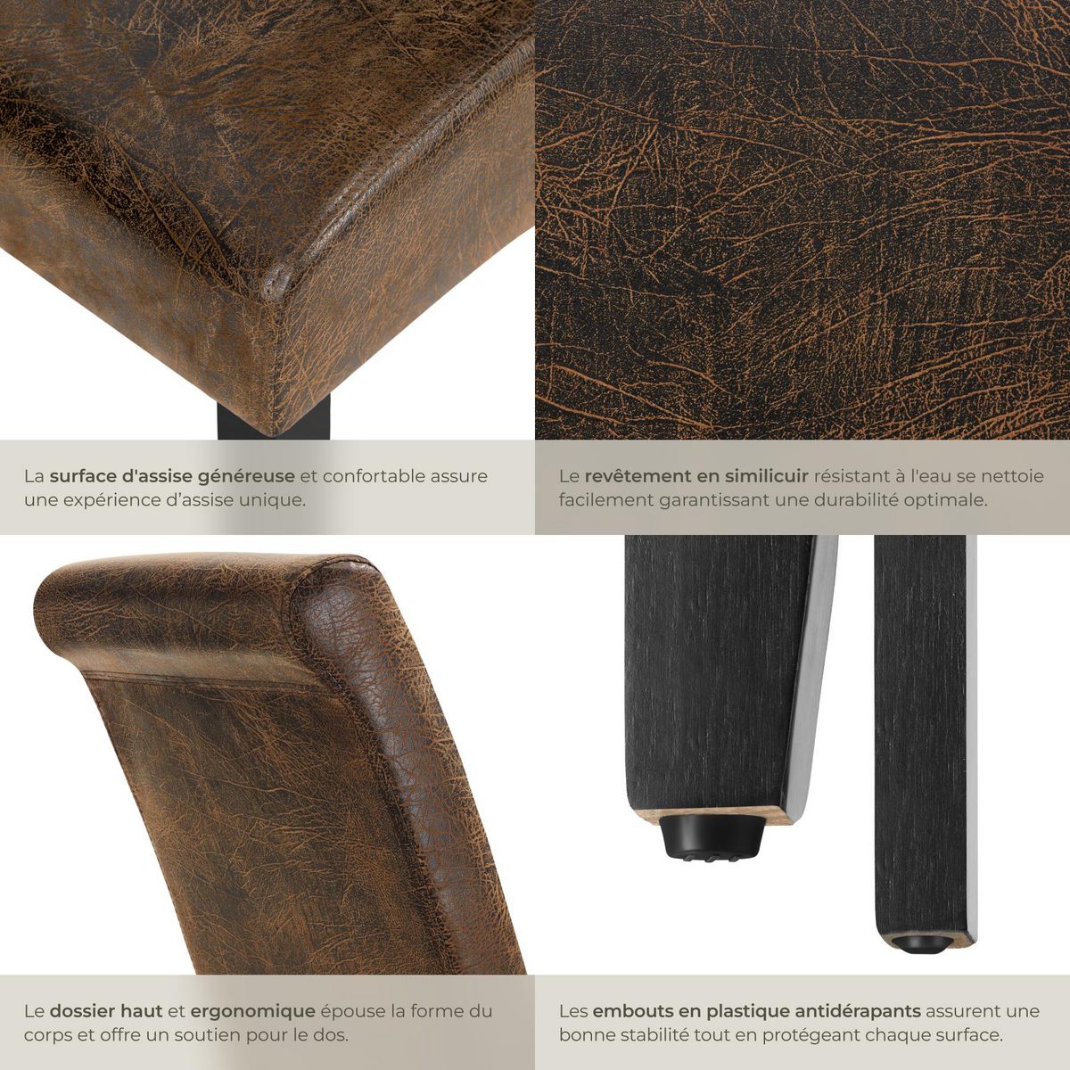 tectake Chaise de salle à manger avec revêtement en cuir synthétique marron foncé Lot de 4