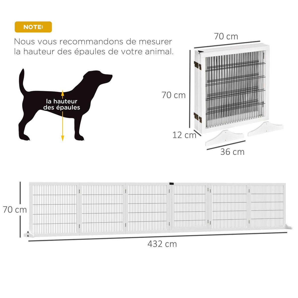 PAWHUT Barrière de sécurité parc enclos chien modulable pliable porte verrouillable intégrée 5 panneaux grillage acier noir bois de pin blanc