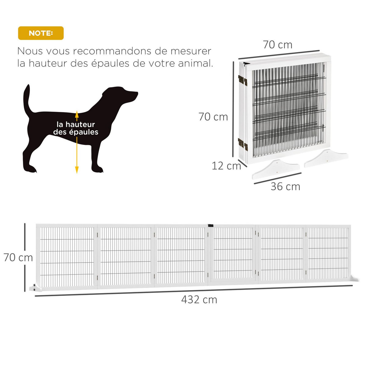 PAWHUT Barrière de sécurité parc enclos chien modulable pliable porte verrouillable intégrée 5 panneaux grillage acier noir bois de pin blanc