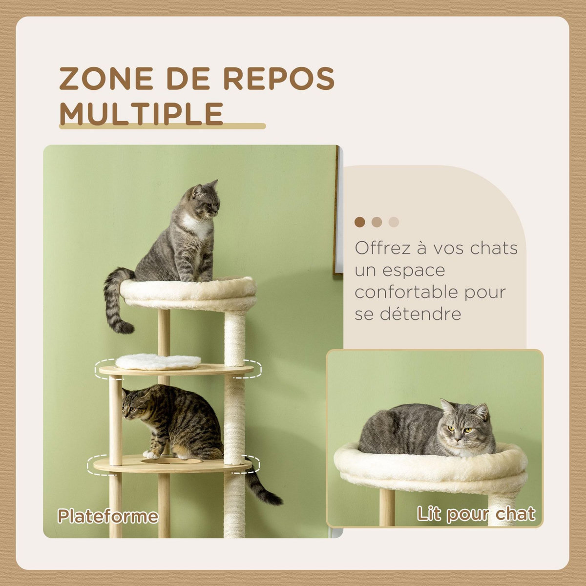 PAWHUT Arbre à chat style nordique griffoir sisal naturel 4 plateformes coussins panier d'observation amovible bois pin panneaux bois clair