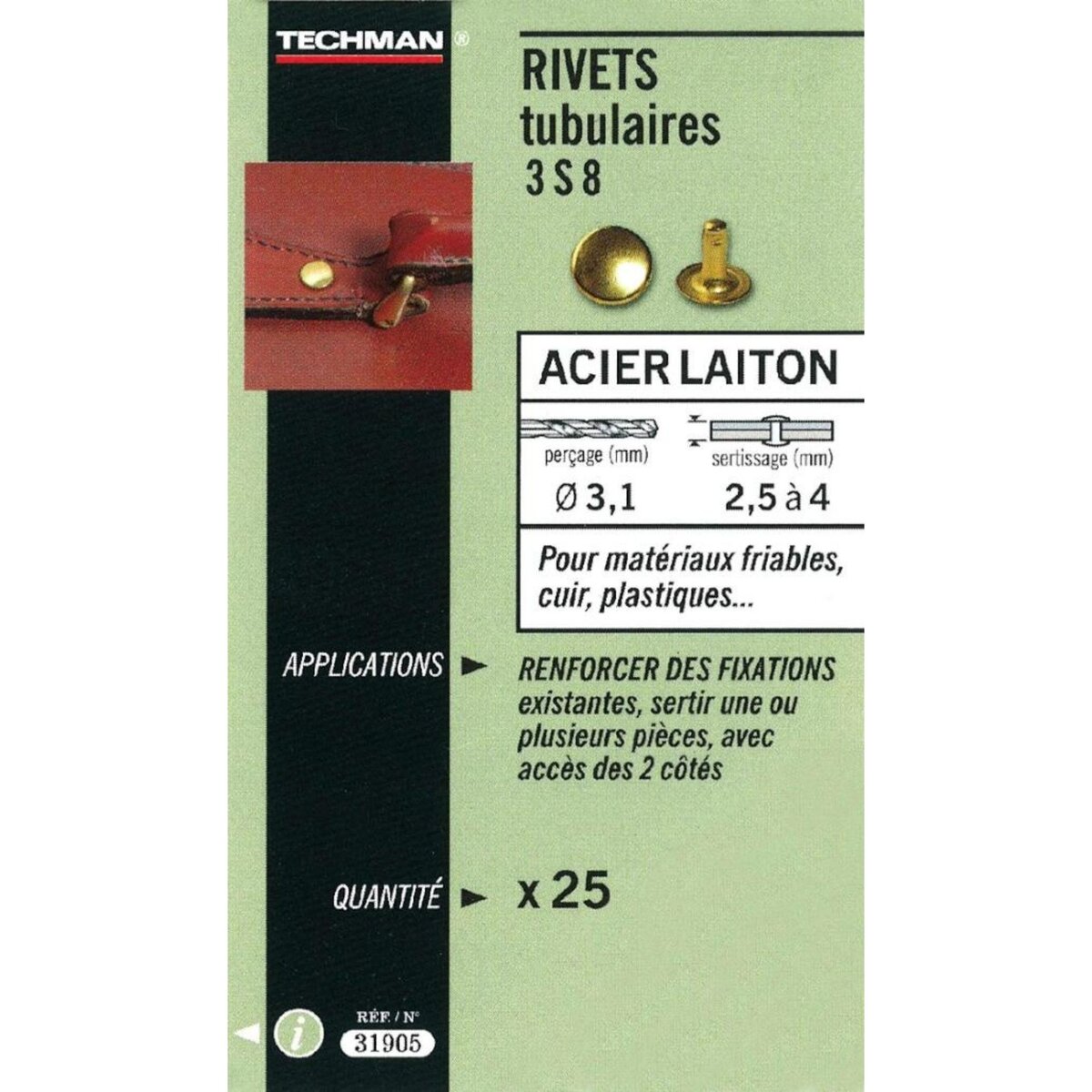 TECHMAN 25 rivets tubulaires acier / laiton Ø 3 x 8 mm