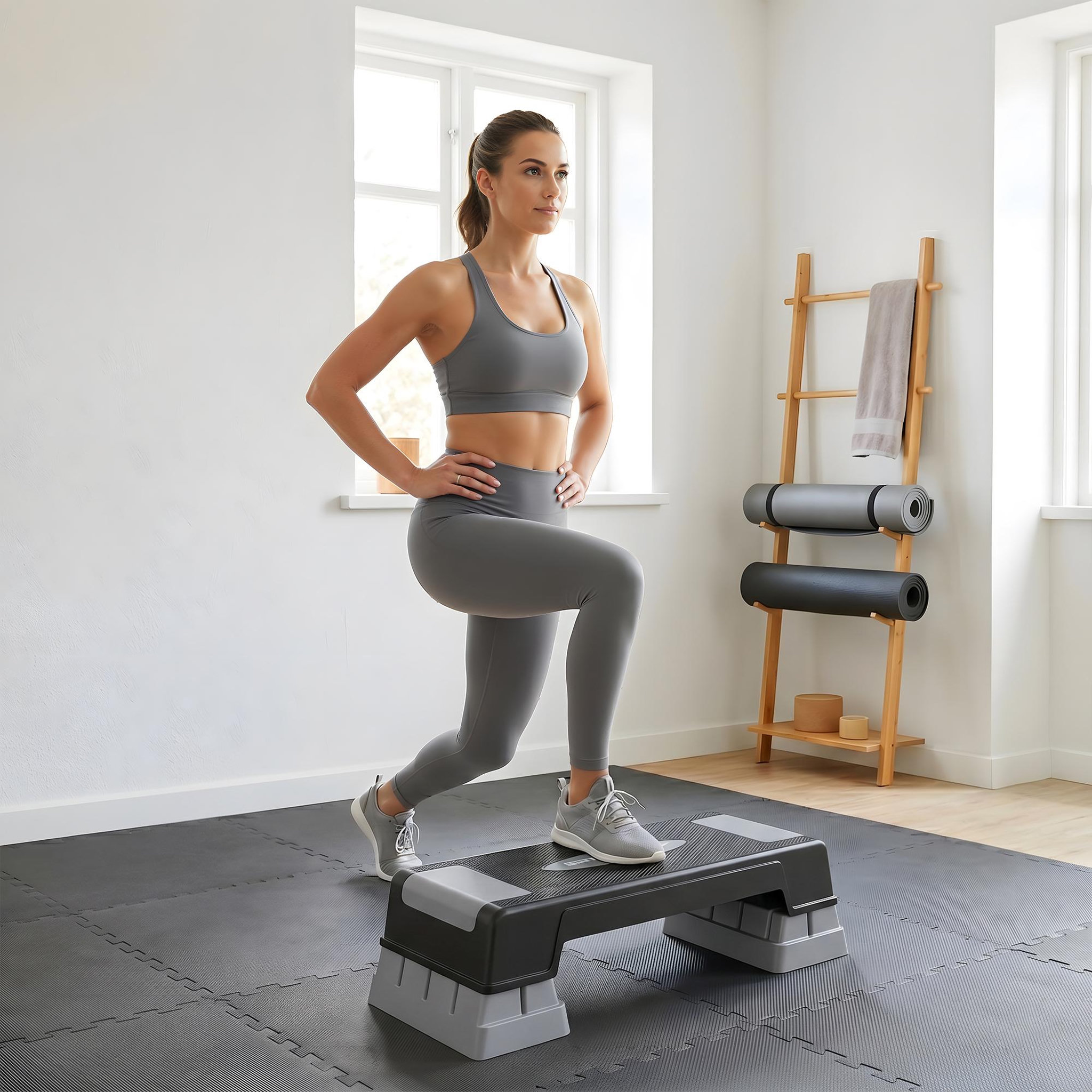 Voir la diapositive 2 : HOMCOM Step fitness aérobic hauteur réglable 3 niv. Surface antidérapante gris noir